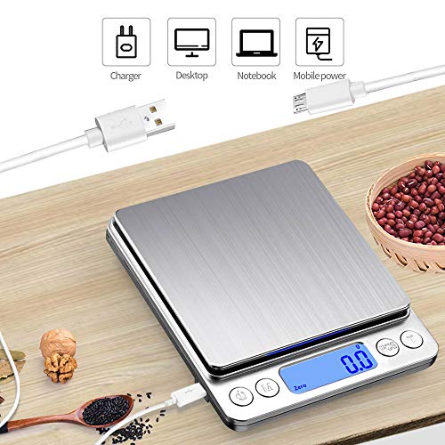 3T6B Básculas con Electrónica de Alimentos, Digital Escala para Cocina con Carga USB, Balanza de Multifuncional Alta Precisión, Peso de Cocina Electrónica con LCD Retroiluminación (0.1-3kg)