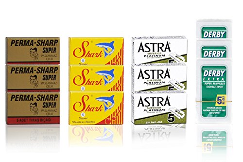 3x Astra 3x Perma-sharp 3x Derby 3X Shark (60 cuchillas de afeitar) - Recambios para maquinillas de doble hoja, 60 unidades