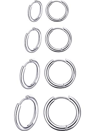 4 Pares Pendientes de Aro de Acero Inoxidable Anillos de Labios Nariz Pendientes Pequeños de Aro de Cartílago para Accesorios de Hombre y Mujer, 8 mm, 10 mm, 12 mm, 14 mm (Plata)