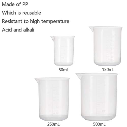 4 pcs Vasos Medidores de Plástico, Jarra Medidora de Plástico PP, 50,150,250,500 ml, Resistente al Calor y al Ácidos, Taza de Medición Transparente, para Medir Muchos Líquidos, Hornear y Laboratorio