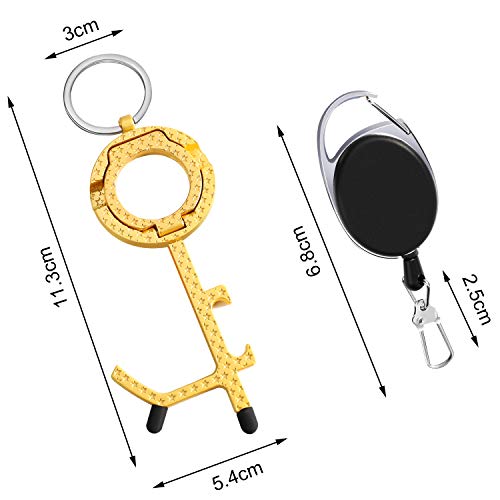 4 Piezas Abridor de Puerta Herramienta de Abrepuertas sin Contacto Llavero EDC de Aleación de Zinc de Multiusos con Abrebotella Stylus de Pantalla y Soporte de Móvil con Llavero y Cuerda Retráctil