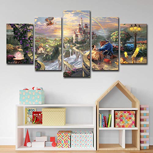 5 Panel Imprimir Anime La bella y la bestia Arte Moderno Pared HD Poster Salón Decoración De Hogar Imprimir En Lienzo,Marco De Madera 100X55Cm Listo para Colgar