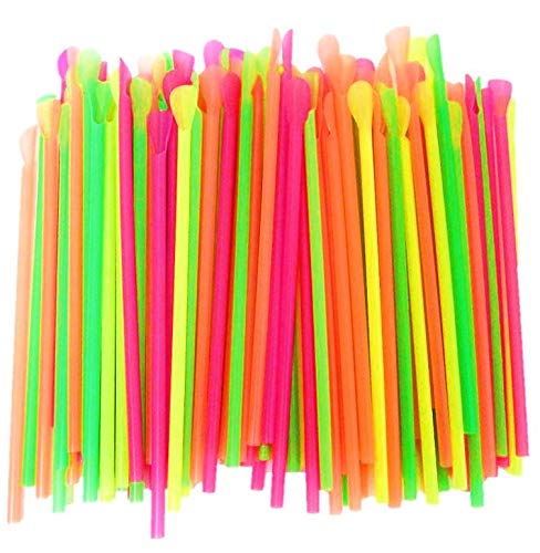 500 pajitas de Cuchara Colores neón Surtidos SNO-Cone pajitas de plástico Potable con cucharas (7 3/4 "plástico batido pajitas.