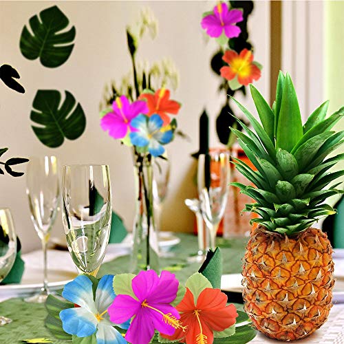 54 Piezas Tropicales Artificiales Hojas Palmeras Flores de Hibisco, Fiesta Hawaiana de Luau, Tema de Playa de la Selva para Cumpleaños, Decoraciones de Mesa