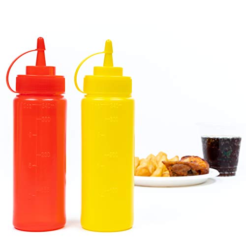 6 (340ml) Biberon Salsas de Colores con Tapas de Rosca| Dispensador de Botellas de Plástico para Condimentos Ketchup Mostaza Vinagre Salsa Aceite| a Prueba de Fugas, Resistente y Sin BPA.