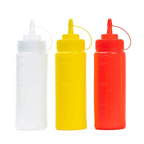 6 (340ml) Biberon Salsas de Colores con Tapas de Rosca| Dispensador de Botellas de Plástico para Condimentos Ketchup Mostaza Vinagre Salsa Aceite| a Prueba de Fugas, Resistente y Sin BPA.