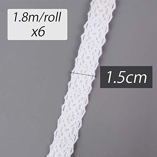 6 rollos(12yardas≈ 10,9metro) Cinta Puntillas Adhesiva de Encaje Ancho de1,5cm Decorativa para Scrapbooking Manualidades Decoración Boda Fiesta Regalo Blanco