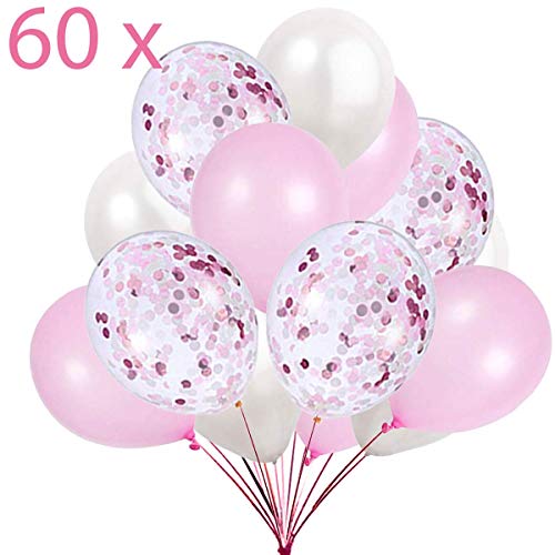 60 Globos Rosa Blanco y Globos de Confeti Confetti Balloon. 50 Globos en Latex + 10 Transparente con Confeti para Fiesta de Cumpleaños y Bautizo