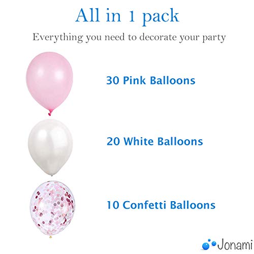 60 Globos Rosa Blanco y Globos de Confeti Confetti Balloon. 50 Globos en Latex + 10 Transparente con Confeti para Fiesta de Cumpleaños y Bautizo