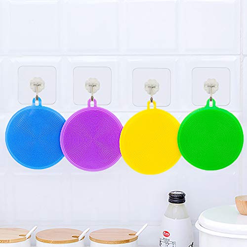 6PCS PATAZOK Esponjas de Silicona para Cocina, Fregadora de Esponjas Cepillo de Limpieza Multifuncional con 6 Ganchos Adhesivos para Lavar Ollas para Platos de Frutas(4 colores)