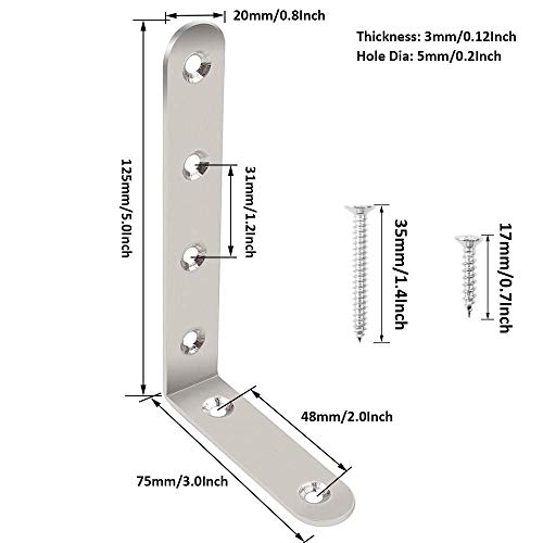 8 Pc Soporte de Estantería Soporte de Esquina para Soporte de Pared 125 mm x 75 mm x 20 mm de Acero Inoxidable en Forma de L con Tornillos de 48 pc y Anclajes de 16 pc (Plata)