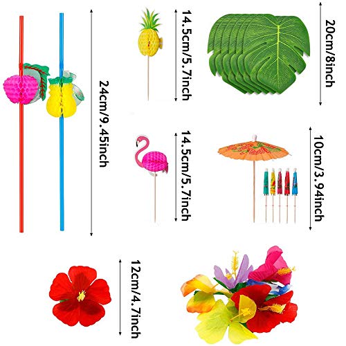 83 Piezas Decoraciones Para Fiestas Hawaianas, Falda de Mesa Hawaiana Hojas de Palmera Flores Hawaianas Sombrillas Multicolores y Pajitas de Frutas en 3D Para Fiestas Hawaianas de Luau