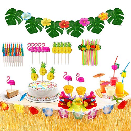 83 Piezas Decoraciones Para Fiestas Hawaianas, Falda de Mesa Hawaiana Hojas de Palmera Flores Hawaianas Sombrillas Multicolores y Pajitas de Frutas en 3D Para Fiestas Hawaianas de Luau