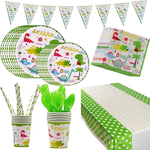 98 pcs Decoracion de Fiesta Dinosaurio Cumpleaños Vajilla de Dinosaurios Desechable Servir 12 Invitados con Dino Platos, Tazas Servilletas, cucharas, Tenedores, Cuchillos, Paja, Banner Decor