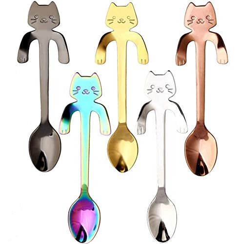 A Cuchara de Café Gato, Acero Inoxidable Que Cuelga la Cucharilla del Café, 5 Piezas Mini Diseño del Gatito Que Revuelve la Cuchara para Té, Leche, Café, Postre, Bebida, Batido de Leche (5 Colores)