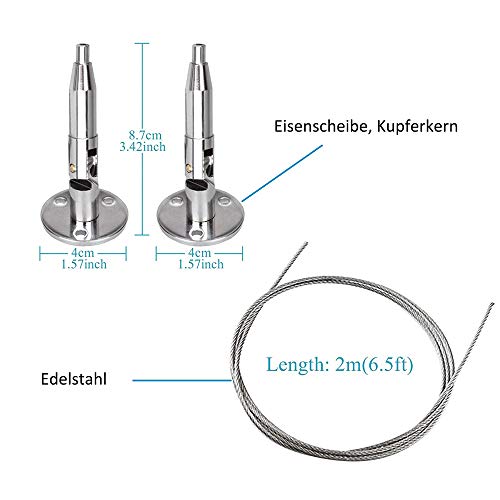 AAPLUS 2 x Juego de Cable de Suspensión de Acero Inox en 2 m Cable Tensor Pared con Soporte de Cobre + 20 Clips Sistema de Colgar Ajustable para Cortina Pintura Cuadros Exhibición de Galería Luces