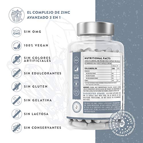 AAVALABS® - Triple Zinc Premium - 25mg - Altamente concentrado - 3x Formas de Zinc -Picolinato, Bisglicinato y Monometionina - 180 Cápsulas - Testado en laboratorio y apto para veganos.