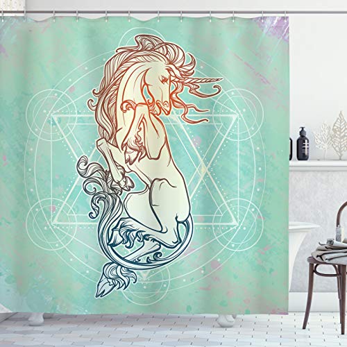 ABAKUHAUS Alquimia Cortina de Baño, Unicornio en Geometría, Material Resistente al Agua Durable Estampa Digital, 175 x 240 cm, Espuma de mar Multicolor