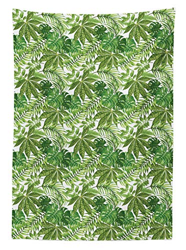 ABAKUHAUS Hoja de Palma Mantele, Selva follaje de Eco, Resistente al Agua Apto Uso Exterior e Interior No Destiñen, 140 x 200 cm, Green Olive Green White