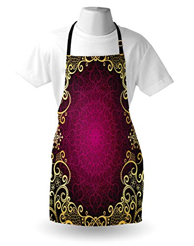 ABAKUHAUS Mandala Delantal de Cocina, Rizos Marco Púrpura, No Se Ensucian Fácilmente Moderna Tecnología de Estampado, Fucsia Negro Amarillo Pálido