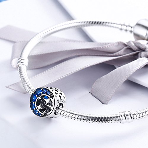 Abalorio De Mujer De Plata De Ley De 925 Estrella Lunar Charm Con Azul Zirconia Compatible Con Pulseras