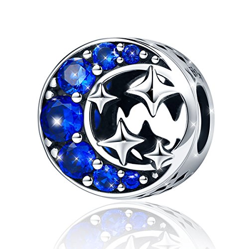 Abalorio De Mujer De Plata De Ley De 925 Estrella Lunar Charm Con Azul Zirconia Compatible Con Pulseras