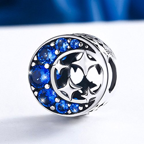 Abalorio De Mujer De Plata De Ley De 925 Estrella Lunar Charm Con Azul Zirconia Compatible Con Pulseras