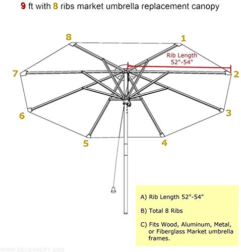 ABCCANOPY - Sombrilla de repuesto para sombrilla de jardín, patio, sombrilla de mercado para 2,7 m, 8 costillas (sólo cubierta), color negro