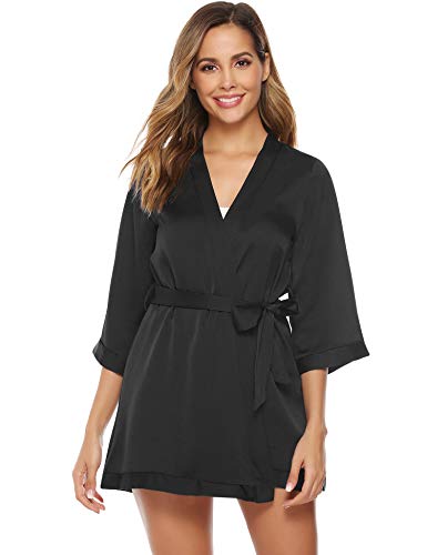 Abollria Cárdigan Kimono Mujer Bata Corto Sexy Vestido Pijama para Satén Ropa de Dormir Batas Seda de Hielo Bata Camisón Florales Chaqueta Verano