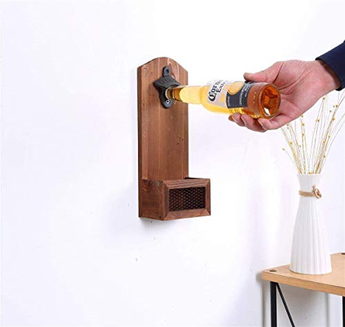 Abridor de botellas de madera montado en la pared con tapa de colector, estilo vintage, abrebotellas de cerveza retro para bar, cocina, hogar, garaje, terraza, regalo para padre y amigo