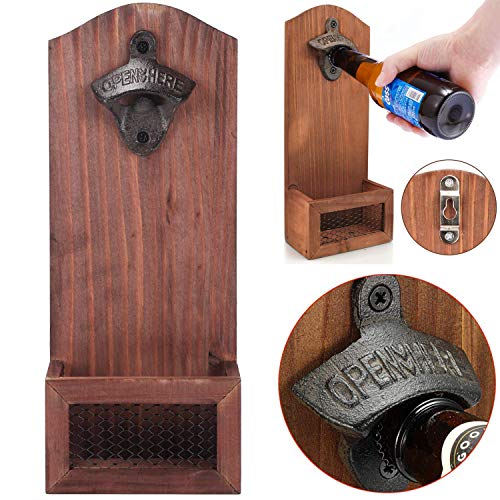 Abridor de botellas de madera montado en la pared con tapa de colector, estilo vintage, abrebotellas de cerveza retro para bar, cocina, hogar, garaje, terraza, regalo para padre y amigo