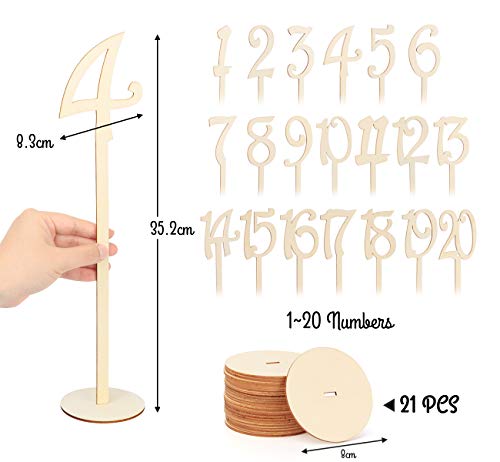 Absofine - Números de mesa 1 – 20 para boda, madera, soporte para tarjetas de mesa, base de soporte de madera, números para boda, fiesta, decoración de mesa