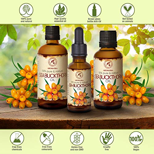 Aceite de Espino Amarillo 100ml - Prensado en Frío - Aceite de Hippophae Rhamnoides - 100% Puro y Natural - Botella de Cristal - Cuidado Intensivo para Rostro - Cabello - Piel - Cuidado Corporal