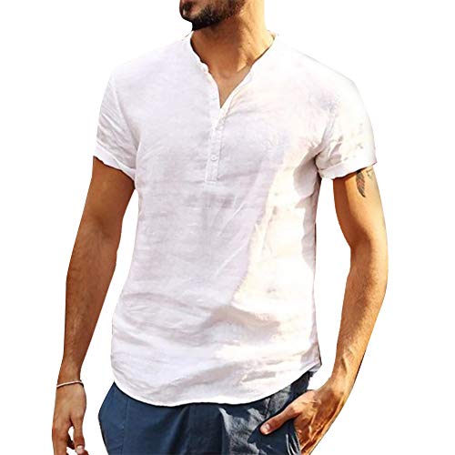 acelyn Henley - Camisa para hombre, cuello abuelo de lino de algodón manga corta S-XXL