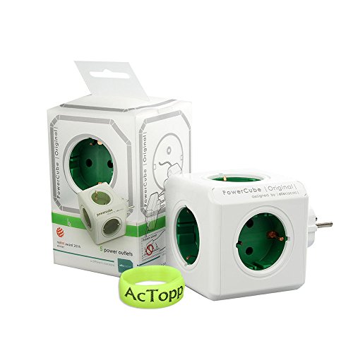 AcTopp Allocacoc Powercube Enchufe de Regleta Adaotador de Viaje con 5 tomas Forma de Cubo Ahorro de espacio Ladrón de Enchufe Color Verde+Blanco