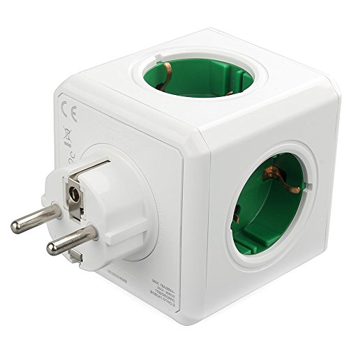 AcTopp Allocacoc Powercube Enchufe de Regleta Adaotador de Viaje con 5 tomas Forma de Cubo Ahorro de espacio Ladrón de Enchufe Color Verde+Blanco