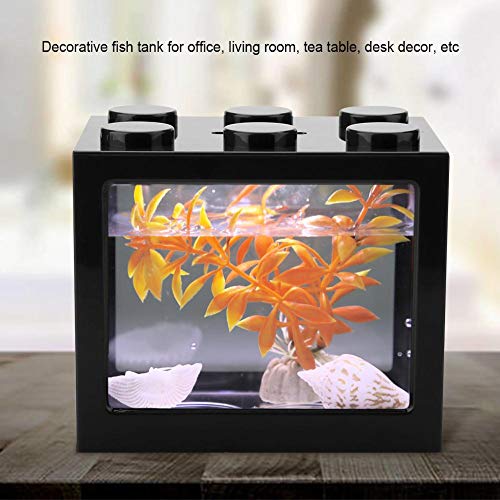 Acuario Tanque de Peces Decorativo Mini Acuario USB LED Lámpara de Luz Tanque de Pescado Lámpara de Escritorio Tanque de Pescado para Caja de Oficina Mesa de Té Decoración(Negro)