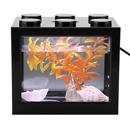 Acuario Tanque de Peces Decorativo Mini Acuario USB LED Lámpara de Luz Tanque de Pescado Lámpara de Escritorio Tanque de Pescado para Caja de Oficina Mesa de Té Decoración(Negro)