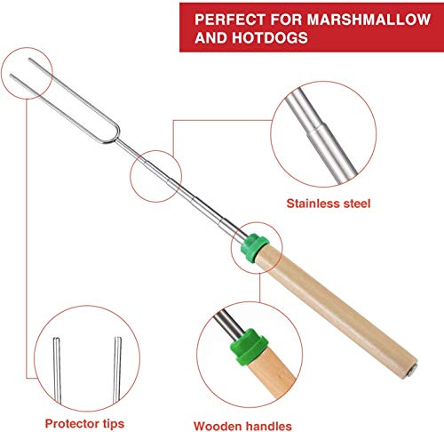 Adoric Marshmallow - Juego de 8 palillos para asar con mango de madera extensible de 32 pulgadas, tenedores telescópicos para fogatas, fogata