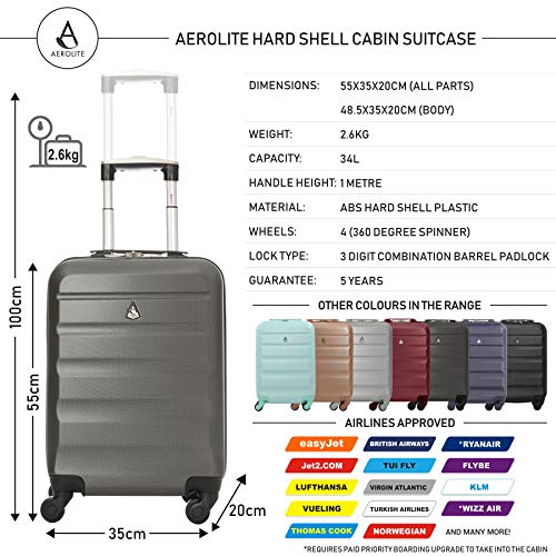 Aerolite ABS 55cm Maleta Equipaje de Mano Cabina rígida Ligera con 4 Ruedas (Vino + Carbón)