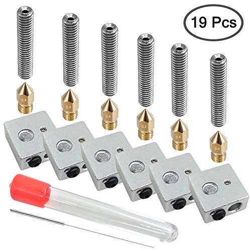 AFUNTA 6 Sets /18 Unidades Impresora 3D 0.4mm MK8 Boquilla Extrusora de Acero Inoxidable y 1.75mm 30mm Longitud Tubos de Cuello y Calentador de Teflon, Compatible MK8 Makerbot Reprap i3 / Anet A8 A2