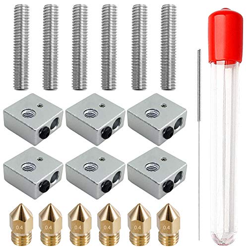 AFUNTA 6 Sets /18 Unidades Impresora 3D 0.4mm MK8 Boquilla Extrusora de Acero Inoxidable y 1.75mm 30mm Longitud Tubos de Cuello y Calentador de Teflon, Compatible MK8 Makerbot Reprap i3 / Anet A8 A2