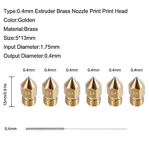 AFUNTA 6 Sets /18 Unidades Impresora 3D 0.4mm MK8 Boquilla Extrusora de Acero Inoxidable y 1.75mm 30mm Longitud Tubos de Cuello y Calentador de Teflon, Compatible MK8 Makerbot Reprap i3 / Anet A8 A2