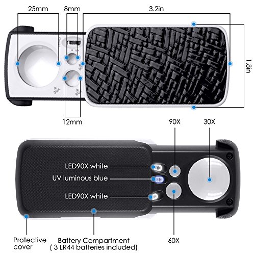 AFUNTA Lupa de Joyero con UV Luz del LED, 30X, 60X, 90X Magnificación Magnifier Deslice la Lupa de Bolsillo para Las Rocas Sellos Monedas Relojes Pasatiempos Antigüedades Modelos Fotos - Negro