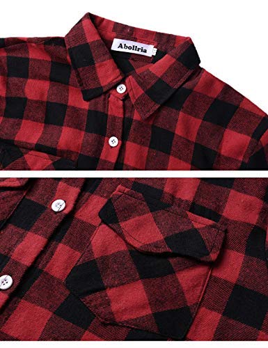 Aibrou Camisa de Cuadros para Mujer,Algodón Blusas Franela de Manga Larga Casual Clásica con Botones,Camisas a Cuadras para Primavera Otoño Invierno