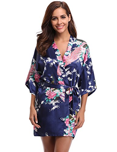 Aibrou Kimono Mujer Novia Bata Corto Sexy y Elegante con Pavo & Flores Pijamas Albornozes Camison Mujer Suave,Cómodo,Sedoso y Agradable