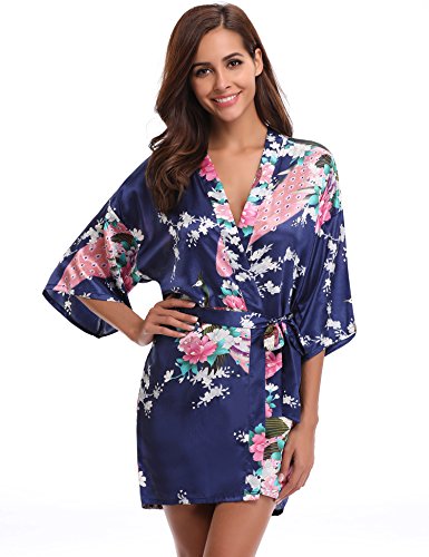 Aibrou Kimono Mujer Novia Bata Corto Sexy y Elegante con Pavo & Flores Pijamas Albornozes Camison Mujer Suave,Cómodo,Sedoso y Agradable