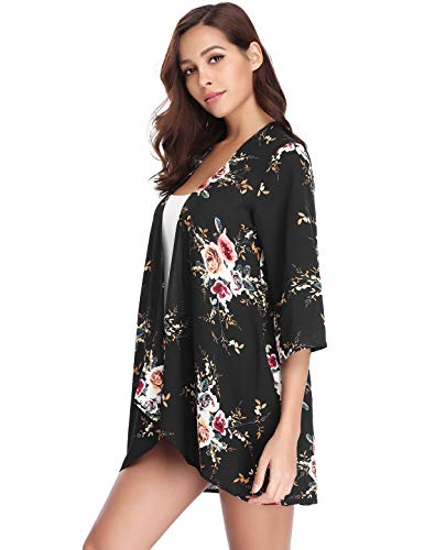 Aibrou Mujer Chal Flojo Cárdigan Kimono Florales, Manga 3/4 Tops Blusa Floral Suelta Casual Boho Style Capas(Negro S)