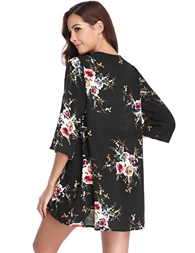 Aibrou Mujer Chal Flojo Cárdigan Kimono Florales, Manga 3/4 Tops Blusa Floral Suelta Casual Boho Style Capas(Negro S)