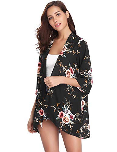 Aibrou Mujer Chal Flojo Cárdigan Kimono Florales, Manga 3/4 Tops Blusa Floral Suelta Casual Boho Style Capas(Negro S)